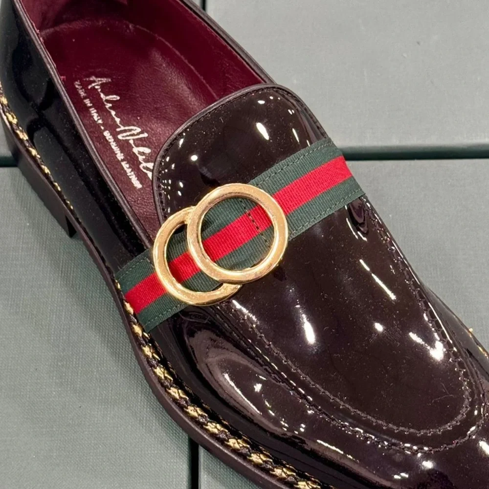 Black all leather patent wet look slip on with gold rings made in Italy. - Picture 2 of 5